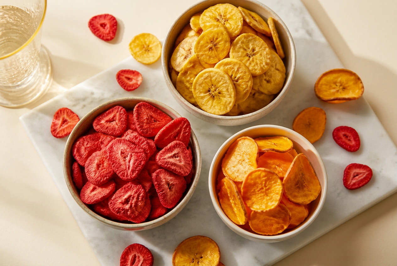 Freeze-dried strawberries, plantain chips and thin crispy sweet potato chips in ceramic bowls on a marble board