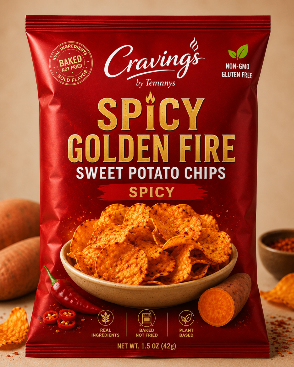 Spicy Sweet Potato Chips, Bold heat, savory crunch
